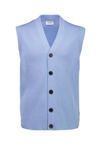 Hellblauer ärmelloser Cardigan mit gerippter Struktur, V-Ausschnitt und fünf schwarzen Knöpfen auf der Vorderseite. Regulärer Saum ohne zusätzliche Akzente.