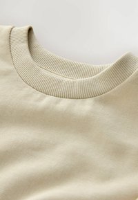 Beige Baumwoll-Sweatshirt mit geripptem Rundhals, glatter Textur und subtilen Stichdetails. Der Stoff hat ein weiches, raffiniertes Finish.