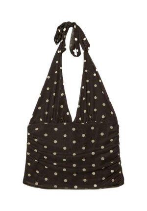 Schwarzes Neckholder-Top mit weißen Punkten, tiefem V-Ausschnitt und gerafften Seiten, entworfen für legere oder sommerliche Anlässe.