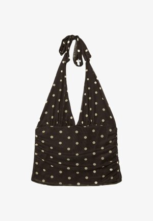 Schwarzes Neckholder-Top mit weißen Punkten, tiefem V-Ausschnitt und gerafften Seiten, entworfen für legere oder sommerliche Anlässe.