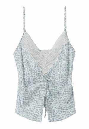 Camiseta blanca con estampado floral azul, escote en V con encaje, parte delantera fruncida y tirantes finos ajustables.