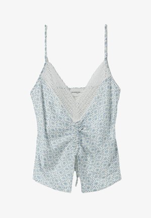 Camiseta blanca con estampado floral azul, escote en V con encaje, parte delantera fruncida y tirantes finos ajustables.