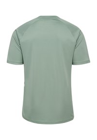 Schlichtes hellgrünes Sportshirt mit kurzen Ärmeln, von hinten gezeigt, mit Raglanärmeln und rundem Halsausschnitt.