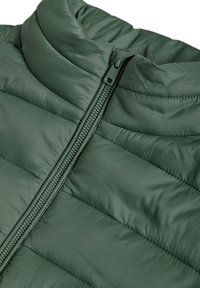 Zelená prošívaná vesta s vysokým límcem a předním zipem. Má prošívané detaily s hladkou texturou a minimalistickým designem.