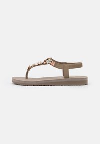 Brown flip-flop sandal with a decorative floral strap featuring pale pink and blue flowers, textured sole, and an adjustable back strap.