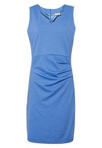 Modrá bezrukávová šaty s výstřihem do V, nařasenou texturou v pase a detaily na bočních panelech. Vyrobeno z hladkého, elastického materiálu.