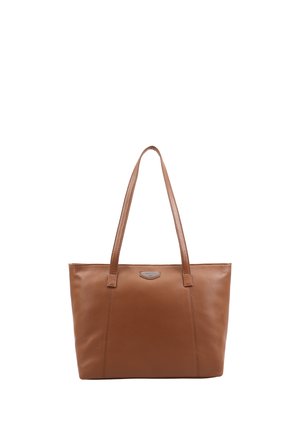 Brown leather tote bag with two long handles, rectangular shape, and subtle stitching details on a white background.