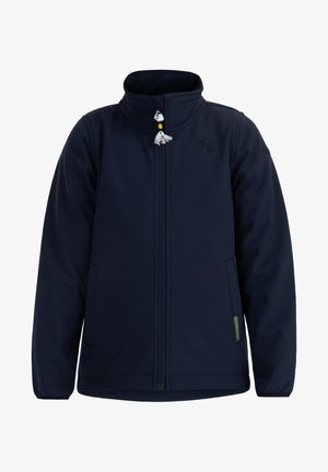 Jūrinis minkšto audinio švarkas su aukštu apykakle, visiškai užtraukiamas, dviem šoniniais kišenėmis, žaliu akcentu ir tekstūruota paviršiumi, užtikrinančiu patvarumą.