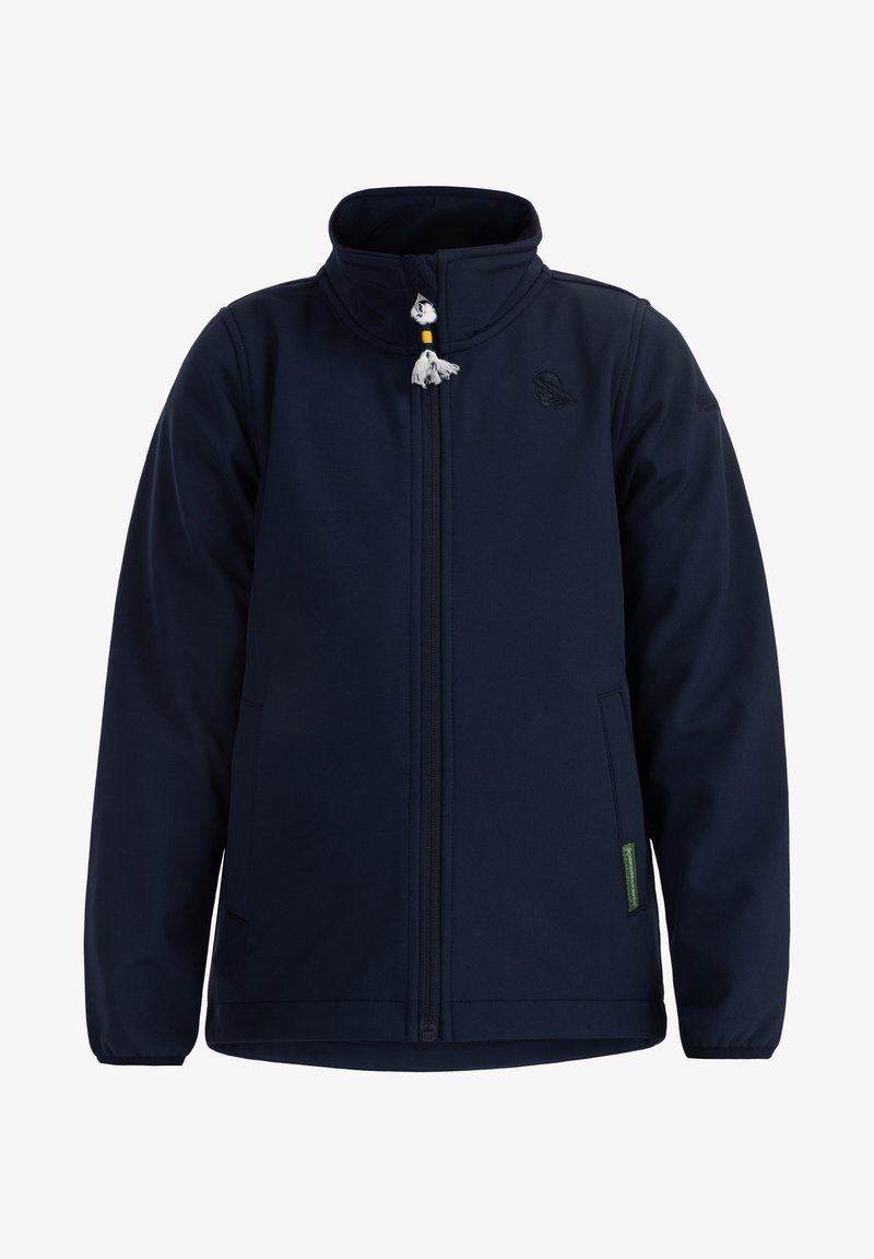 Jūrinis minkšto audinio švarkas su aukštu apykakle, visiškai užtraukiamas, dviem šoniniais kišenėmis, žaliu akcentu ir tekstūruota paviršiumi, užtikrinančiu patvarumą.