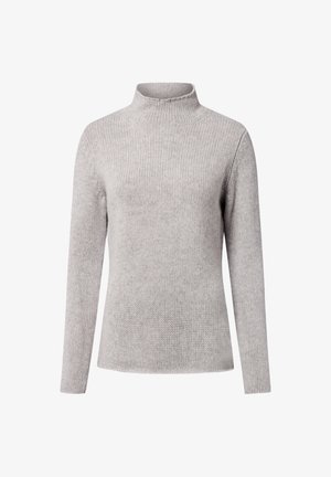Pull col roulé gris clair avec manches longues, texture côtelée et design ajusté. Fabriqué en maille douce.