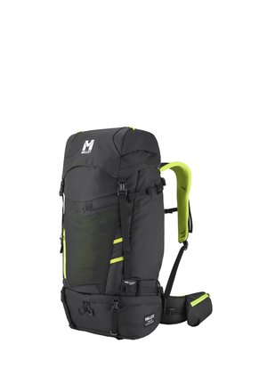 Man wearing black and green Millet backpack with blue ski attached, shown from the back.