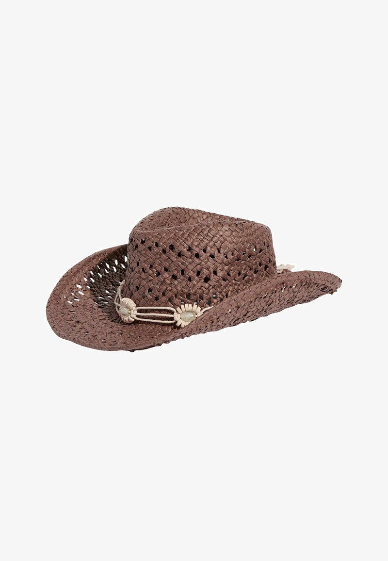 Brown woven straw cowboy hat with decorative white conchos and elastic band around the crown, slightly curved brim.