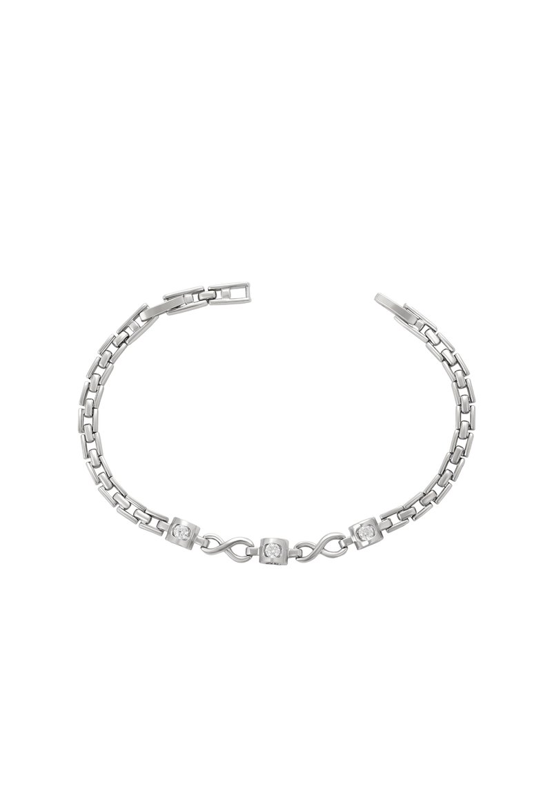 Ezüst karkötő váltakozó téglalap alakú láncszemekkel és kör alakú díszekkel, tiszta kövekkel, amelyek texturált és modern dizájnt alkotnak.