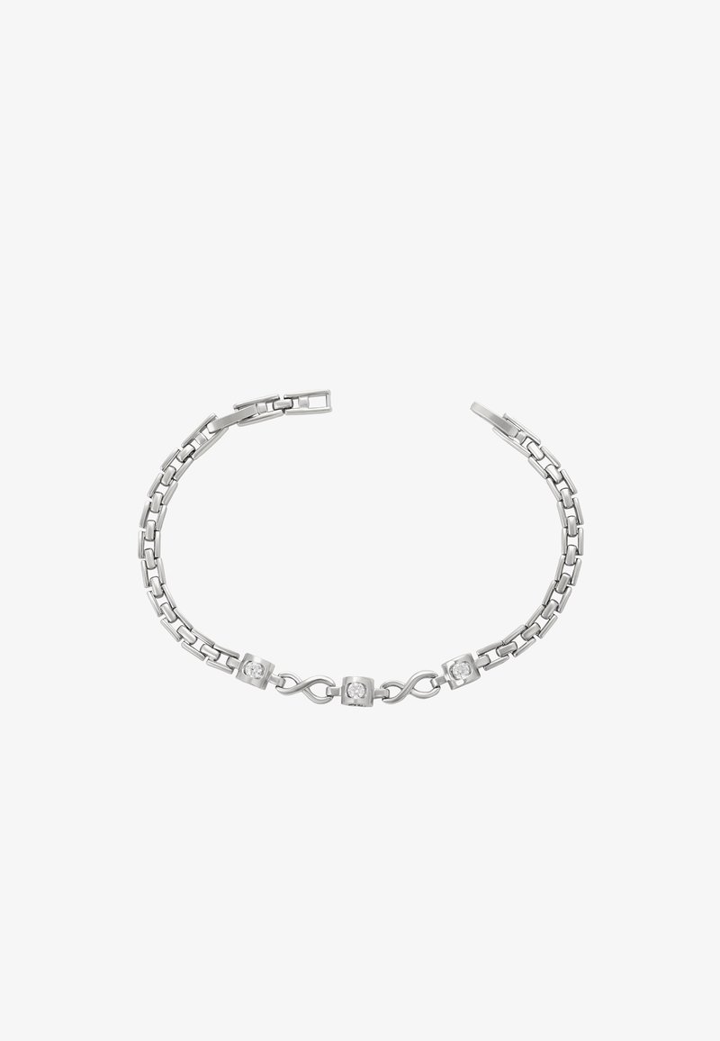 Ezüst karkötő váltakozó téglalap alakú láncszemekkel és kör alakú díszekkel, tiszta kövekkel, amelyek texturált és modern dizájnt alkotnak.