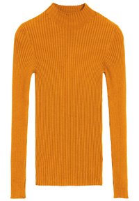 Pull à col roulé côtelé à manches longues de couleur orange vif. Confectionné en tissu tricoté doux avec une silhouette ajustée et un col montant.