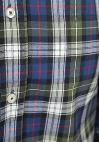 Close-up van blauw, groen, wit, zwart en rood geruite stof met witte knopen erop genaaid, waarbij de textuur en patronen van de stof zichtbaar zijn.