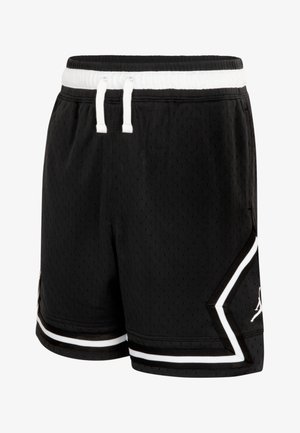 Sorte treningsshorts laget av pustende mesh-stoff, med hvit elastisk midje, snorer og sidede detaljer med stjernedesign.
