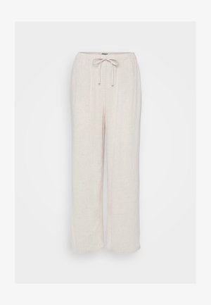 Lys beige linbukser med en avslappet passform, elastisk livlinje og justerbar snor. Har subtil tekstur og vide ben.