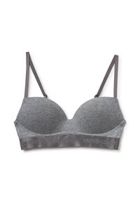 Šedá podprsenka s polstrováním a nastavitelnými šedými ramínky. Má měkkou texturu a pás se vzorem loga, navržený pro pohodlí a oporu.
