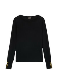 Schwarzer Langarmpullover aus weichem Material mit Rundhalsausschnitt und goldenen Knopfakzenten an den Manschetten.