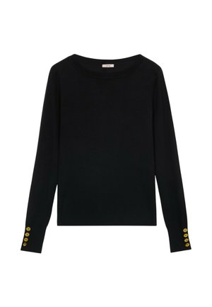 Pull noir à manches longues en matière douce, avec un col rond et des accents de boutons dorés sur les poignets.