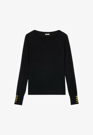 Maglione nero a maniche lunghe realizzato in materiale morbido, con scollo rotondo e dettagli con bottoni dorati sui polsini.