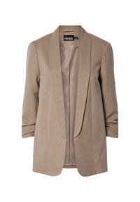 Blazer beige con una leggera lucentezza, colli strutturati e maniche arrotolate. L'interno presenta una fodera liscia. Etichetta del marchio visibile.