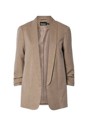 Blazer beige con una leggera lucentezza, colli strutturati e maniche arrotolate. L'interno presenta una fodera liscia. Etichetta del marchio visibile.