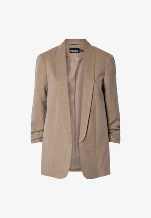 Beige kavaj med en subtil glans, strukturerade slag och uppvikt ärmar. Inuti finns en mjuk foder. Varumärkesetikett synlig.