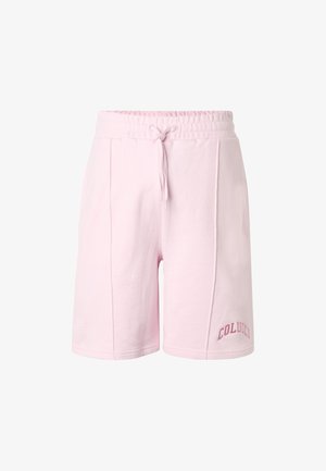 Jasnoróżowe szorty o średniej długości z elastycznym pasem, sznurkiem do wiązania, bocznymi szwami oraz haftem "COLUCCI" na dolnej lewej nogawce.