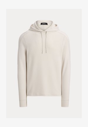 Hanorac crem cu glugă, realizat dintr-un material texturat, cu mâneci lungi și accente cu șnur la nivelul gâtului.