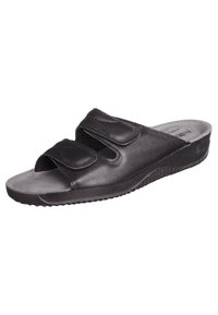 Sorte læder slidesandaler med to justerbare stropper, polstret indersål og struktureret gummisål for bedre greb. Flad, åben design.