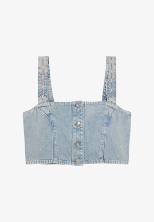 Világoskék farmer kivágott tank top négy elülső gombbal és márkás vállpántokkal.