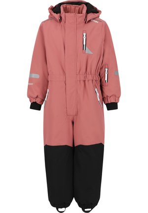 Rosa wasserdichter Schneeanzug mit schwarzem Unterteil, elastischem Bund, Reißverschlusstaschen und reflektierenden Details; weiches, isoliertes Material, mit Kapuze.