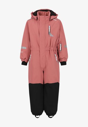 Rosa wasserdichter Schneeanzug mit schwarzem Unterteil, elastischem Bund, Reißverschlusstaschen und reflektierenden Details; weiches, isoliertes Material, mit Kapuze.