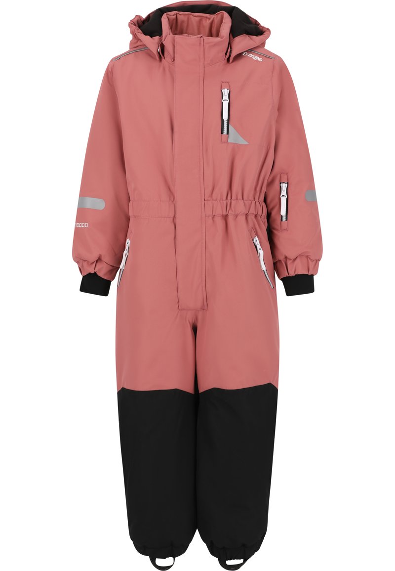 Rondin en neige étanche rose avec une moitié inférieure noire, taille élastique, poches zippées et détails réfléchissants ; matériau doux et isolé, design à capuche.