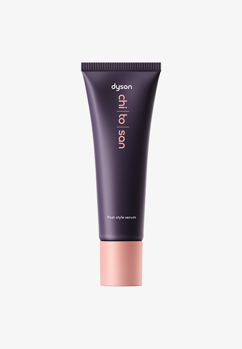 Dyson Chi To San Post-Style Serum in einer dunkelvioletten Tube mit rosa Verschluss, entwickelt für Haarpflege und Styling.