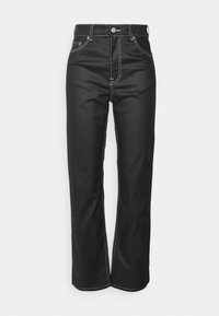 Jeans de ganga pretos com cintura alta, design de perna reta, costura branca em contraste e estilo clássico de cinco bolsos.