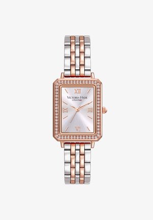 Orologio quadrato in quarzo con quadrante argentato, dettagli in oro rosa e lunetta con cristalli scintillanti; cinturino in metallo bicolore con anelli interconnessi.