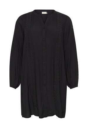 Black long-sleeve shirt with a button-down front, featuring lace trim along the sides and voluminous sleeves, made of lightweight fabric.