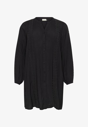 Fekete, hosszú ujjú ing, gombos elejével, csipke szegéllyel az oldalán és bolyhos ujjaival, könnyű anyagból készült.