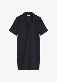 Vestido polo negro de manga corta con cuello y escote en V abierto, corte recto, hecho de tela suave.