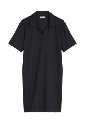 Schwarzes Polokleid mit kurzen Ärmeln, Kragen und offenem V-Ausschnitt, gerader Schnitt, aus weichem Stoff gefertigt.