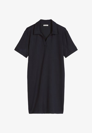 Schwarzes Polokleid mit kurzen Ärmeln, Kragen und offenem V-Ausschnitt, gerader Schnitt, aus weichem Stoff gefertigt.