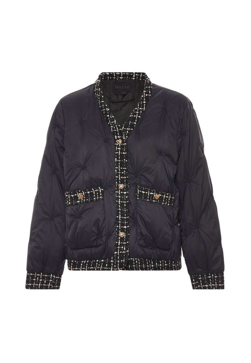 Jachetă tip puffer în albastru marin, cu un design matlasat, margine din tweed alb-negru, închideri cu butoane aurii și două buzunare frontale.