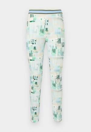 Παντελόνια στενής εφαρμογής με πολύχρωμο αφηρημένο μοτίβο σε αποχρώσεις πράσινου, μπλε, μπεζ και λευκού, με ριγέ ελαστική μέση.