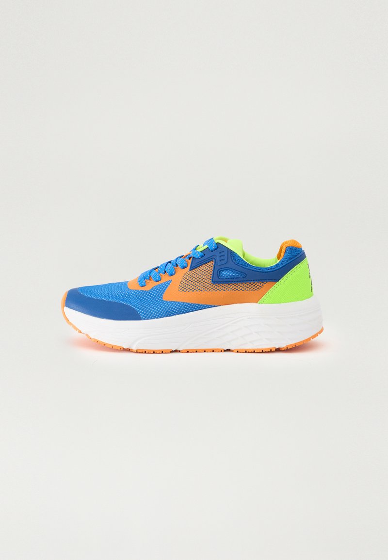 Bright blue athletic shoe with orange and neon green accents. Features a mesh upper for breathability, cushioned sole, and textured pattern.