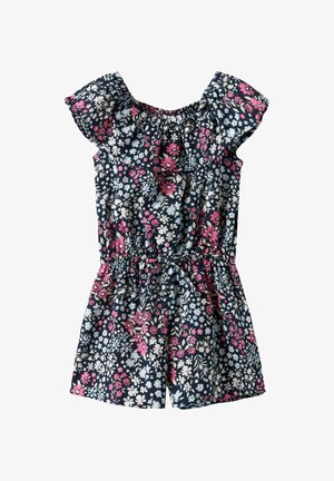 Jumpsuit floral en color marino con mangas cortas con volantes, cinturilla elástica y cordón. Presenta patrones de flores rosas y azules sobre un fondo oscuro.