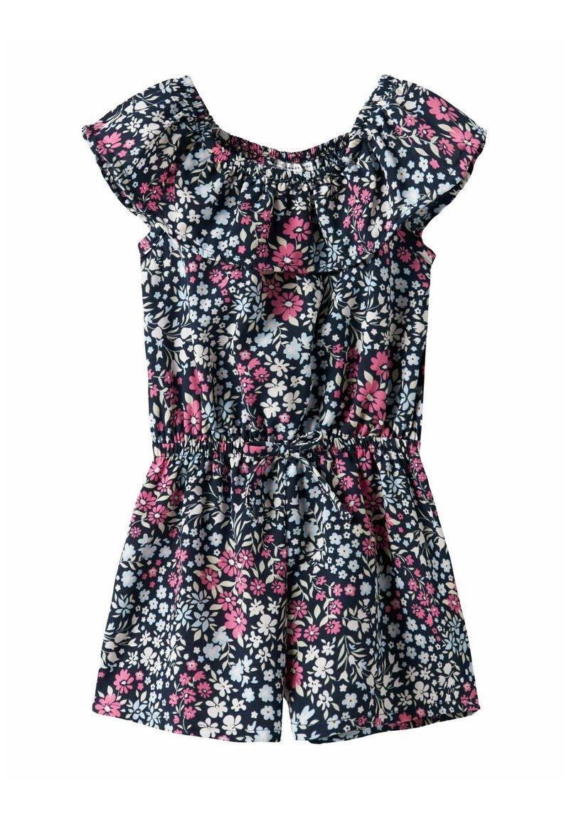 Jumpsuit floral en color marino con mangas cortas con volantes, cinturilla elástica y cordón. Presenta patrones de flores rosas y azules sobre un fondo oscuro.