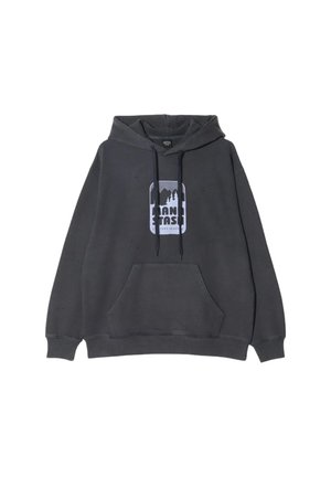 Hoodie grigio realizzato in misto cotone, con tasca a marsupio frontale e stampa grafica con alberi e montagne sul petto.